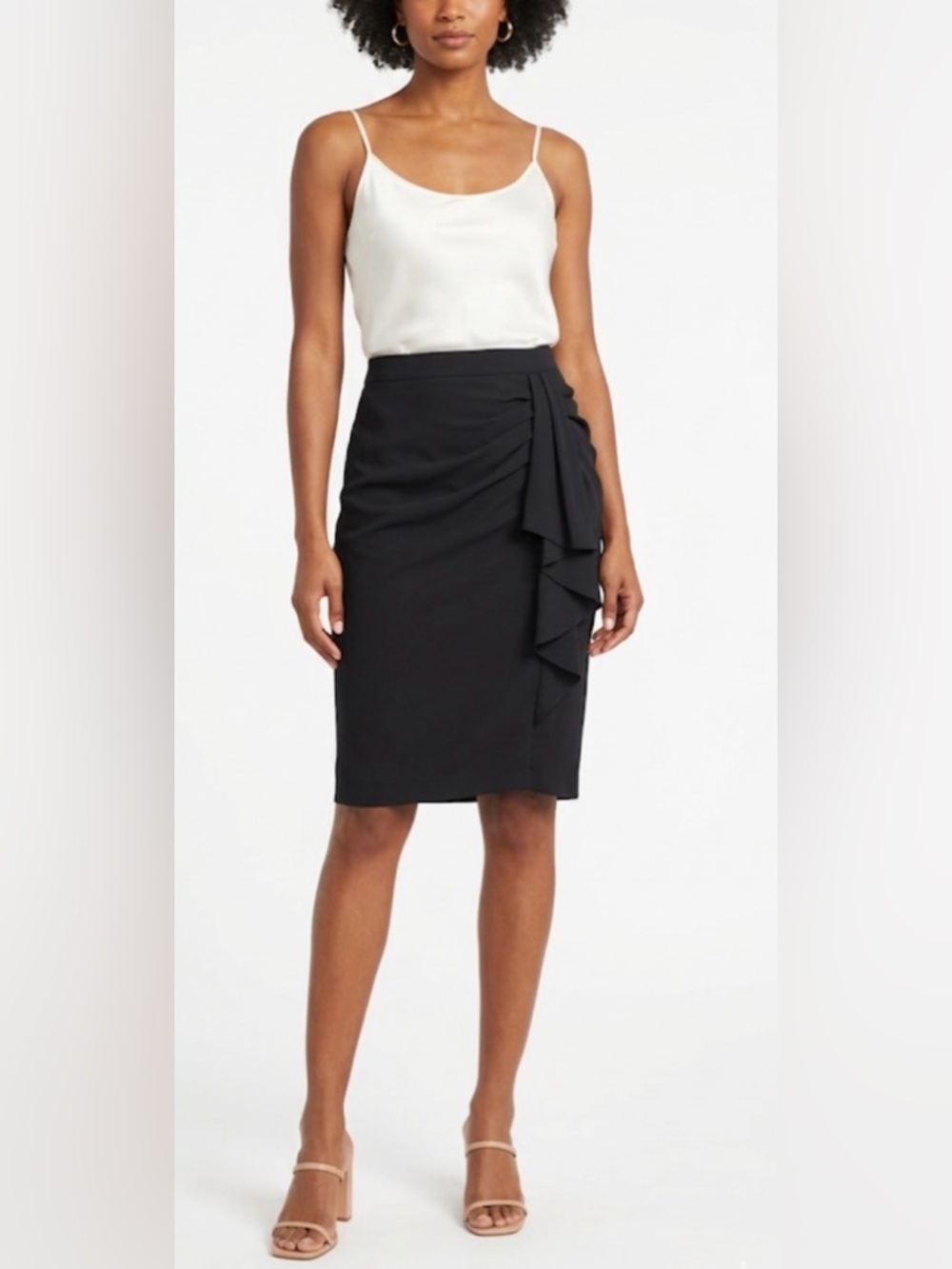 Zara Woman Black Ruched Draped Ruffle Front Pencil Skirt, Size US 6